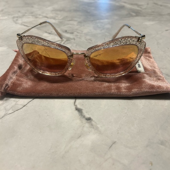 Miu Miu Gold Glitter Cat Eye Sunglasses with Mirrored Gold Lenses - Picture 3 of 6